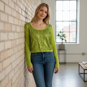 Lizette Collection Womens Neon Lime Green Sequin Knit Sweater Top Size S Glam